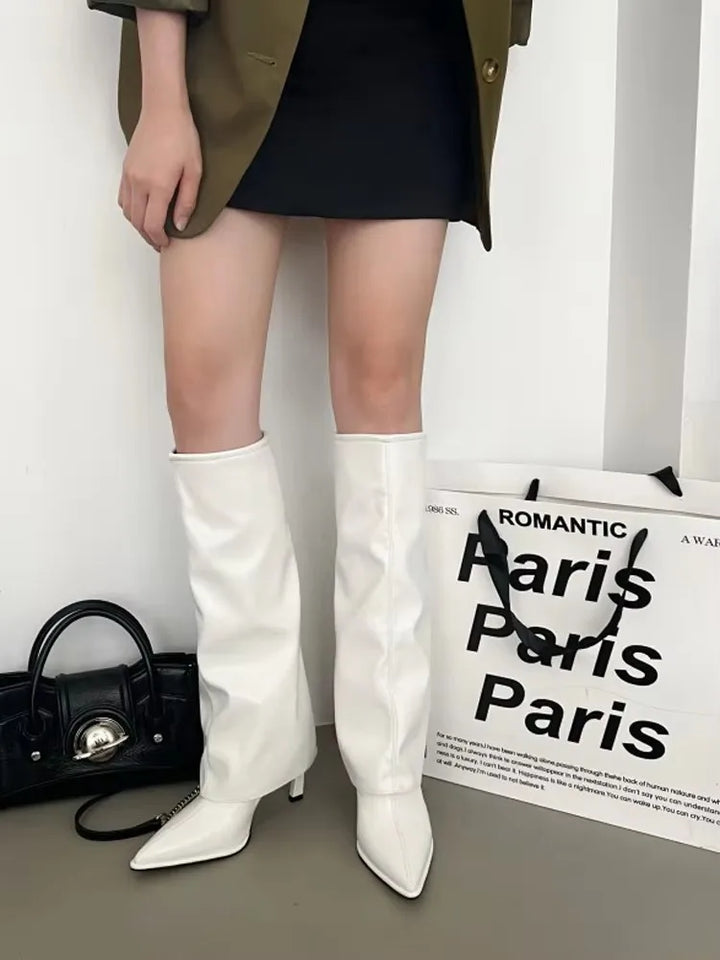 White Knee High Boots Women Pointed Toe Stiletto Long Boots Brown Designer High Heels Trousers Black Shoes Botines De Mujer