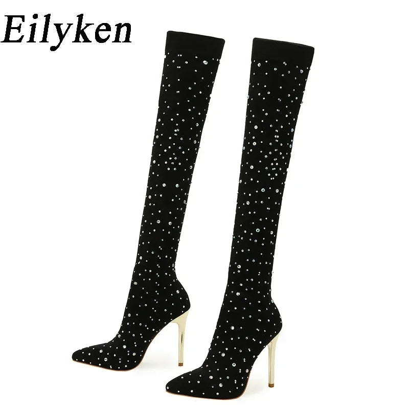 Eilyken Sexy Runway Crystal Stretch Fabric Sock Over the Knee Boot Thigh Stiletto High Pointed Toe Woman Shoes Zapatillas Mujer
