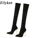 Eilyken Sexy Runway Crystal Stretch Fabric Sock Over the Knee Boot Thigh Stiletto High Pointed Toe Woman Shoes Zapatillas Mujer