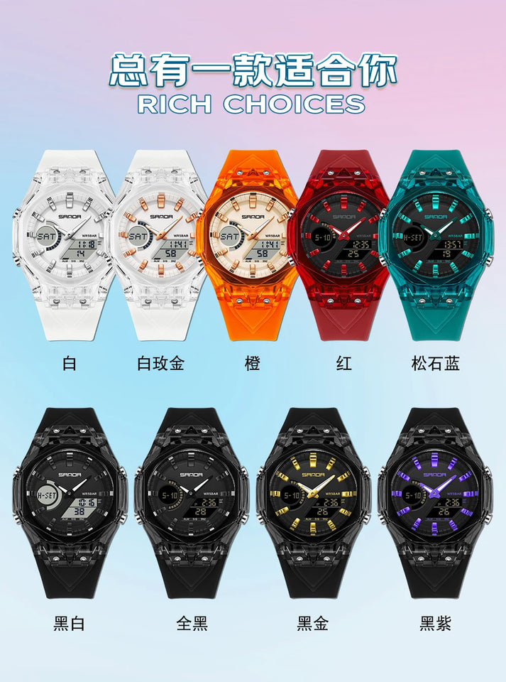 SANDA Top New 6283 Dual Display Multifunctional Student Electronic Watch Alarm Clock Night Light Waterproof Sports Student Watch