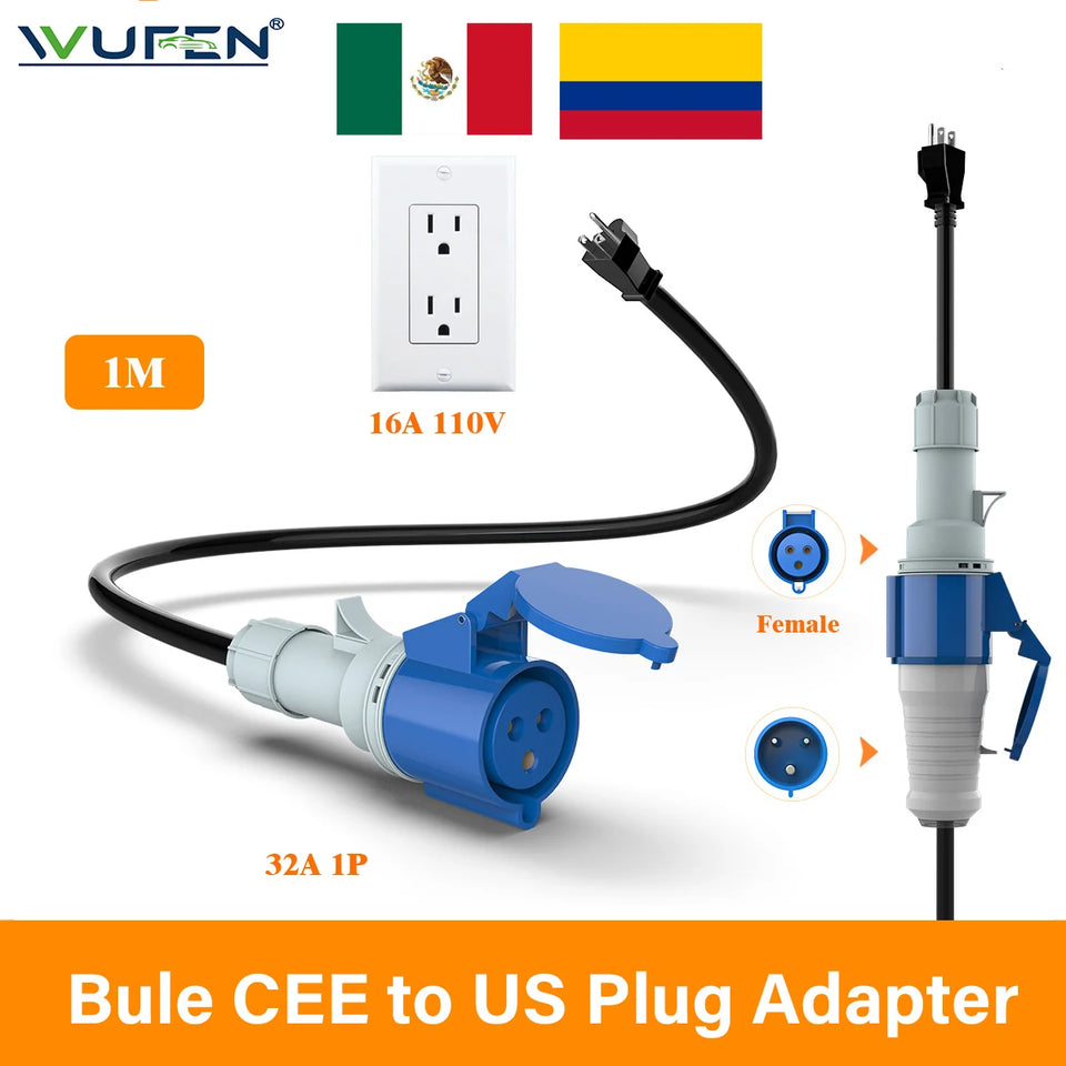 WUFEN EV Charger Adapter 1M US Plug to CEE Blue Power Female Plug 3 Pins Socket Adapter Connect with 32A 1 Phase 7KW Charger