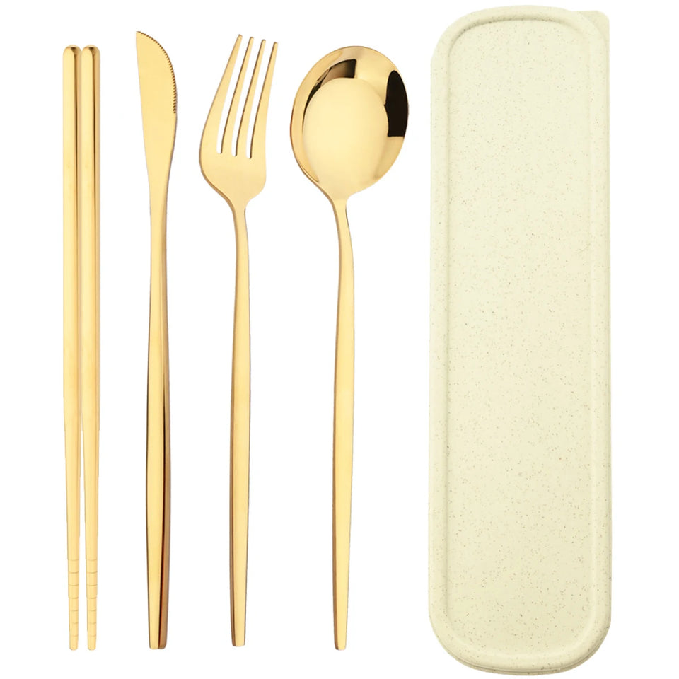 4pcs Stainless Steel Cutlery Set With Storage Box Black Gold Portable Cutlery Set For Home Kitchen Dining Household Tableware