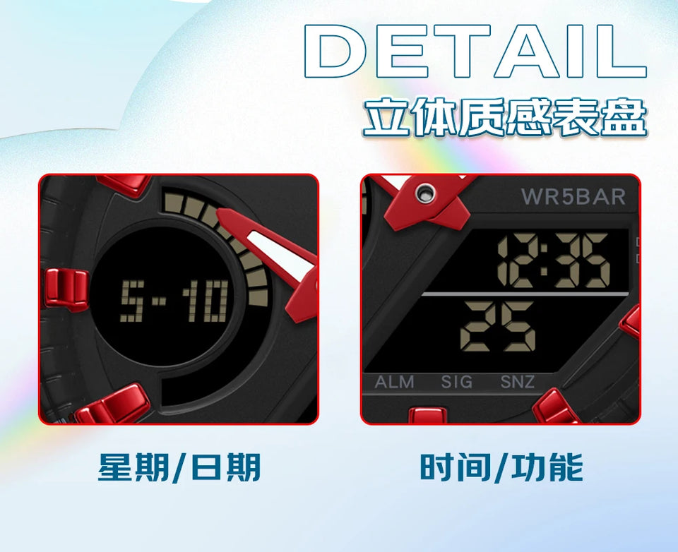 SANDA Top New 6283 Dual Display Multifunctional Student Electronic Watch Alarm Clock Night Light Waterproof Sports Student Watch