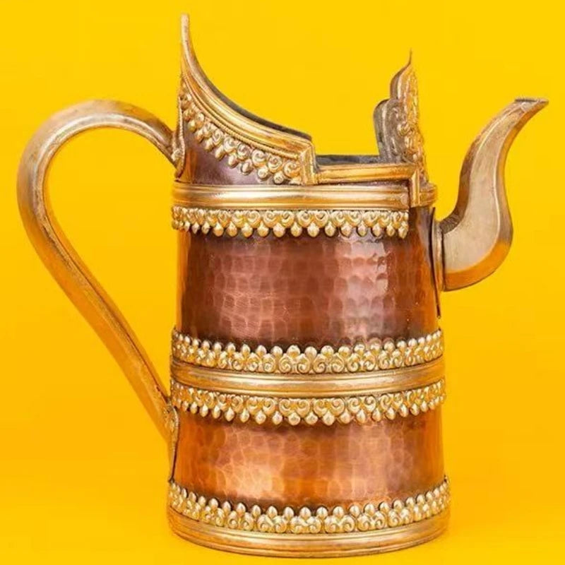 Tibetan Butter Tea Pot,Copper Barley Pot Mongolian Milk Tea Pot Nepalese Handcrafted Water Offering Pot Tibetan-Style Tea Set 1L