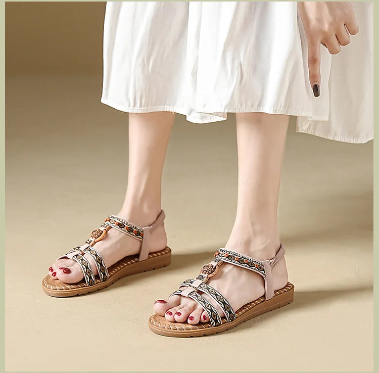 Women's sandals summer bohemian one line elegant slimming anti slip comfortable daily vacation flat beach shoes