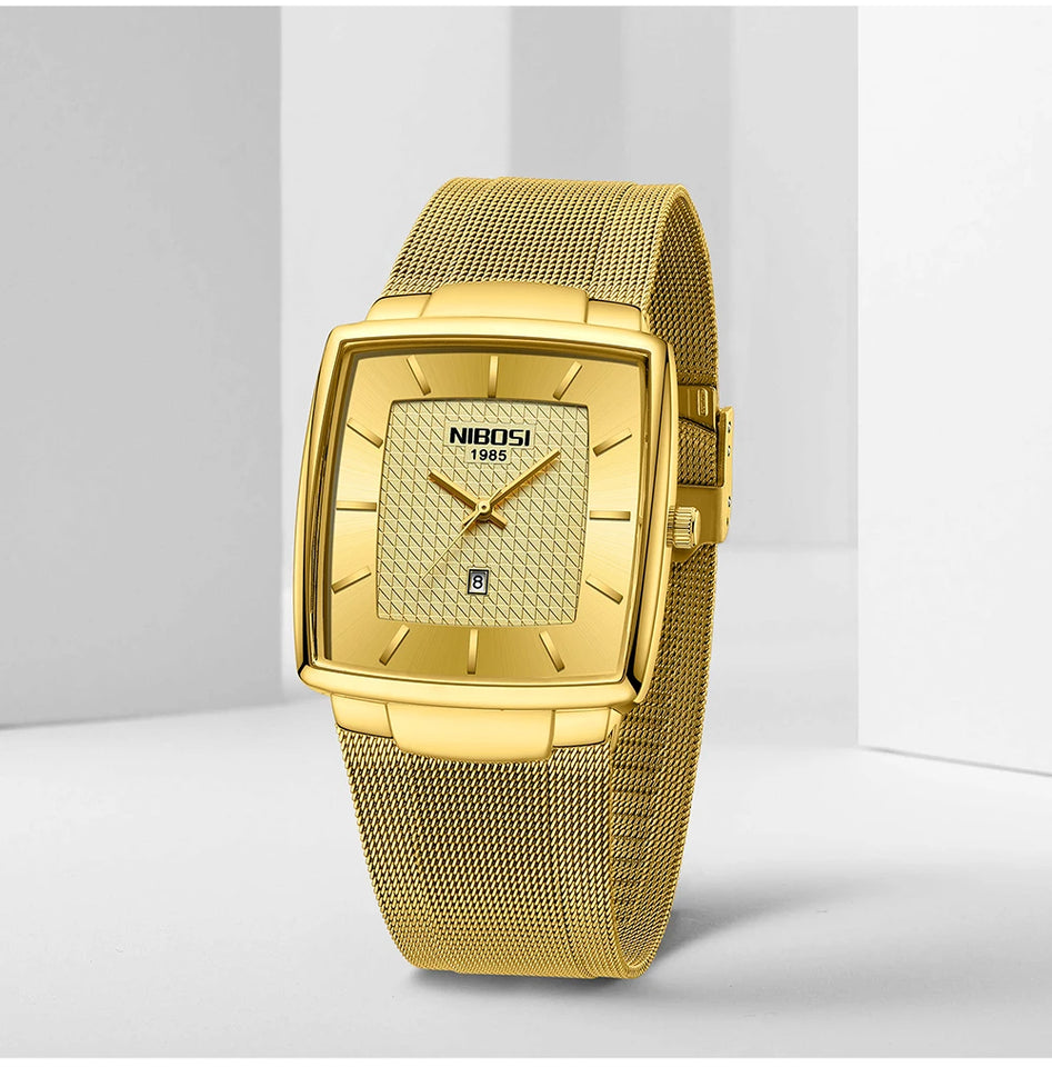 NIBOSI Mens Watches Top Brand Luxury Square Quartz Watch Men Slim Mesh Waterproof Sport Wristwatch Date Luminous Reloj Hombre