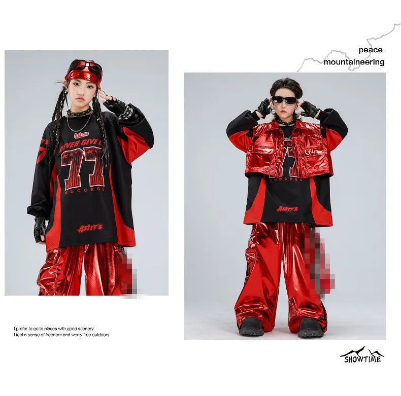 Boys Hip Hop Sweatshirt Shiny Vest Street Dance Cargo Pants Girls K-pop Clothes Set Kid Hip Hop Jazz Costume Children Streetwear