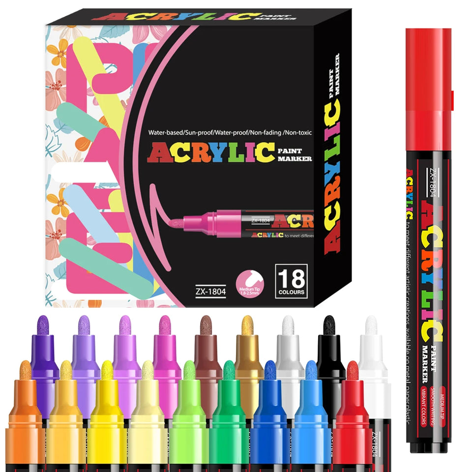 12/18/24 Vibrant Acrylic Marker Set, Medium Tip (2-3mm) Suitable for Rock Painting, Black Paper, and Skateboard Decoration