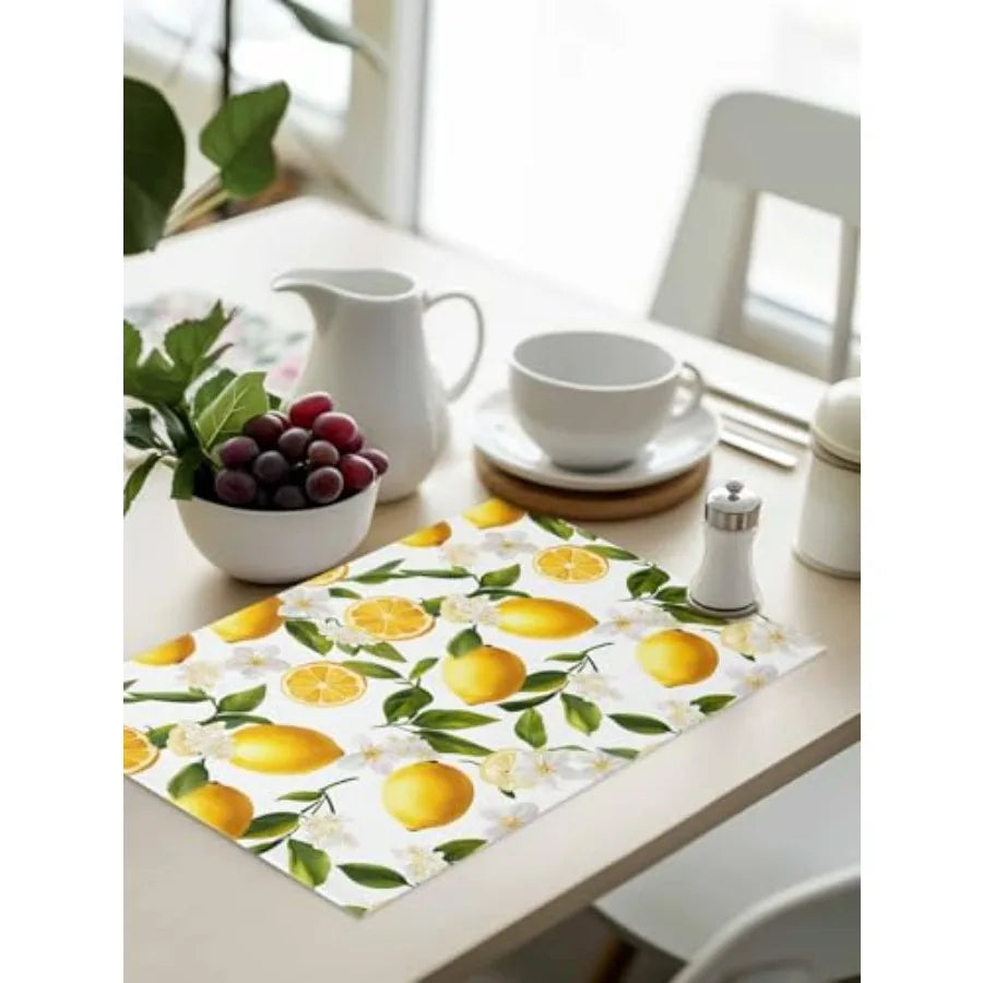 Table Placemats Set of 4 Country Watercolor Lemon Leaf Wipeable Place Mats for Dining Tables Summer White Wildflower Washable T