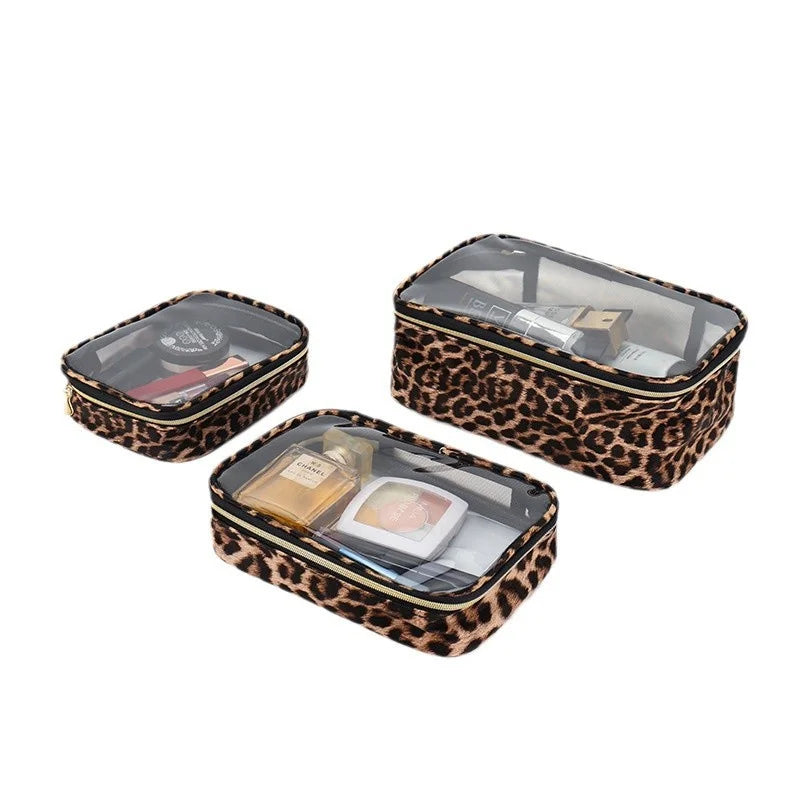 Waterproof Large Capacity Leopard Print Clear Makeup Bag Portable Travel Toiletries Storage Cosmetic Organizer with Zipper