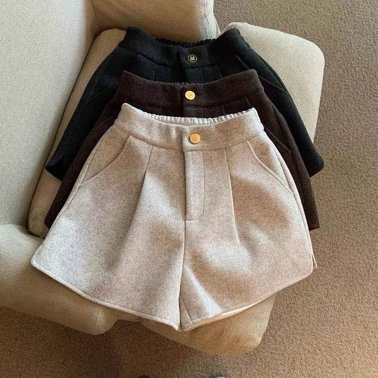 2024 Autumn Winter New Thick Woolen Shorts Korean Loose High Waisted Split Wide Leg Pants Casual Outerwear Boots Pants Women