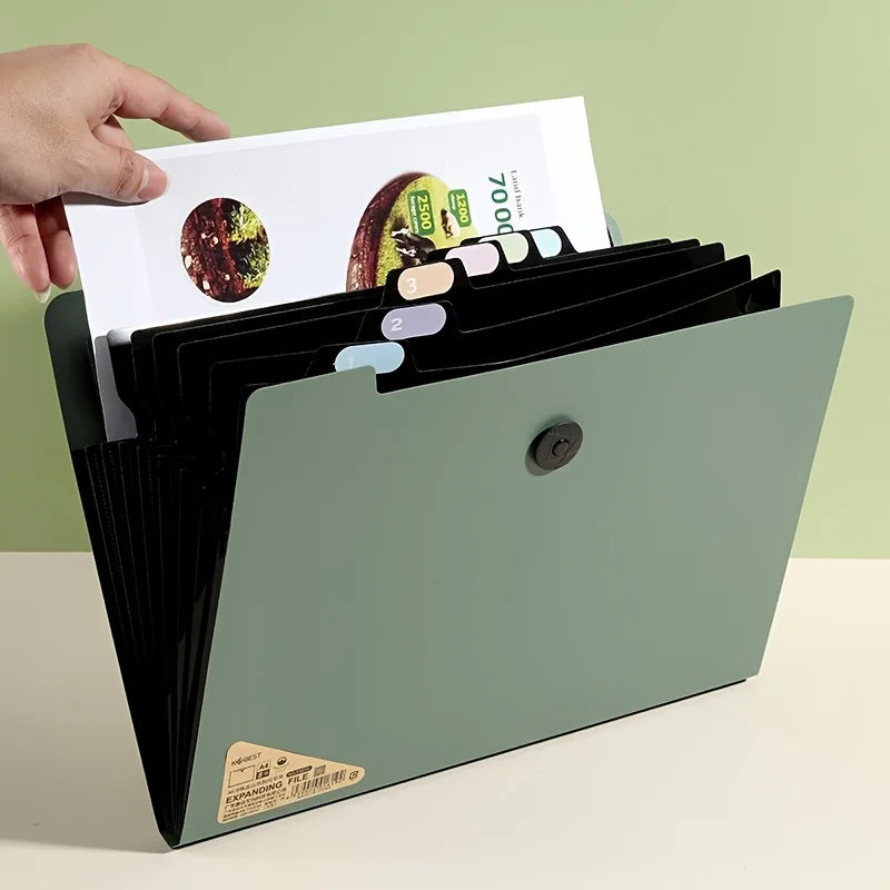 1PC Premium Black 5-Compartment Folder with Handle, Durable PP Desk Organizer with Color-Coded Labels for Office & Home Use