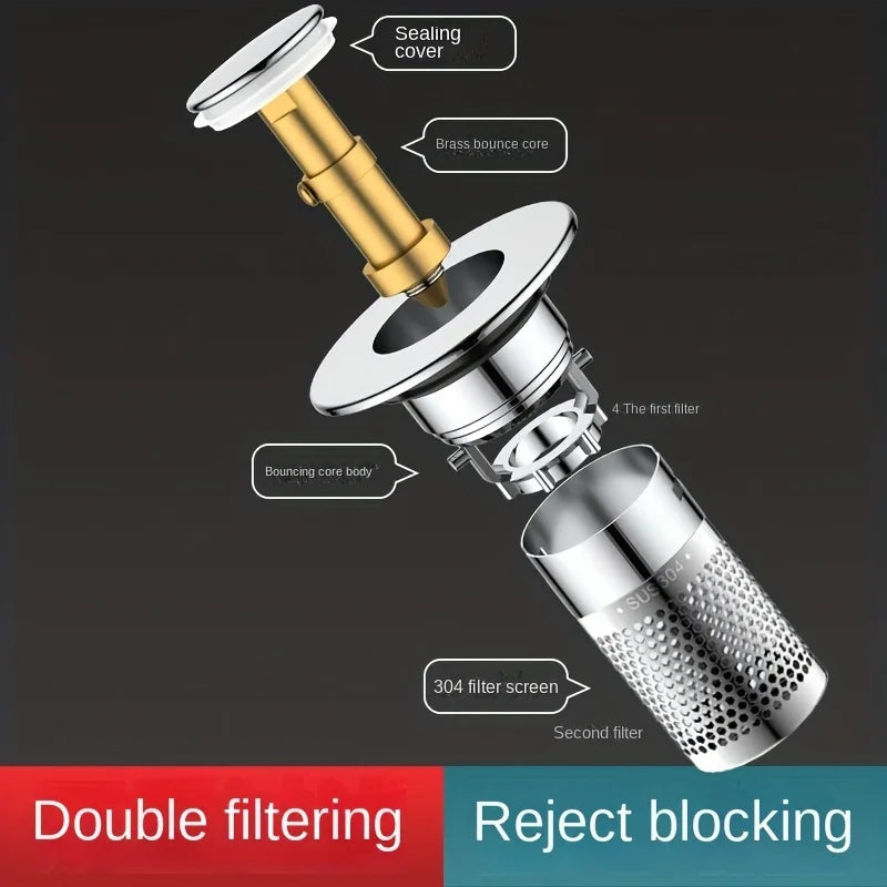 Press-Type Sink Drain Plug - Leakproof Stainless Steel | Fits Kitchen & Bathroom Sinks | Easy Install Anti-Clog Drain