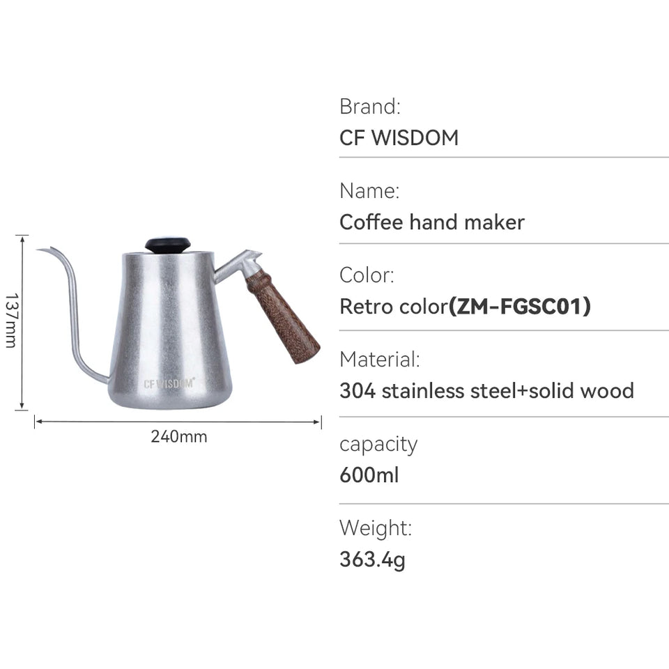 CF WISDOM Vintage Classic Silver Stainless Steel 600ML Coffee Hand Brewing Pot Temperature Display Water Bottle Coffee Utensils