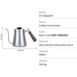 CF WISDOM Vintage Classic Silver Stainless Steel 600ML Coffee Hand Brewing Pot Temperature Display Water Bottle Coffee Utensils