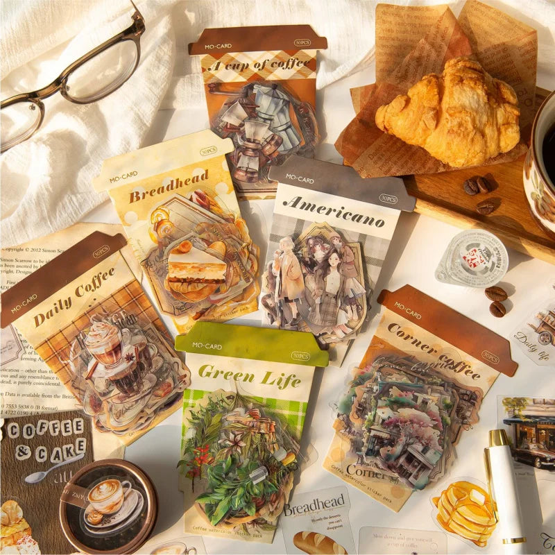 30-Sheet Vintage Coffee Theme Sticker Pack, Retro Coffee Culture Designs & Crisp Details, Perfect for Journal Embellishment