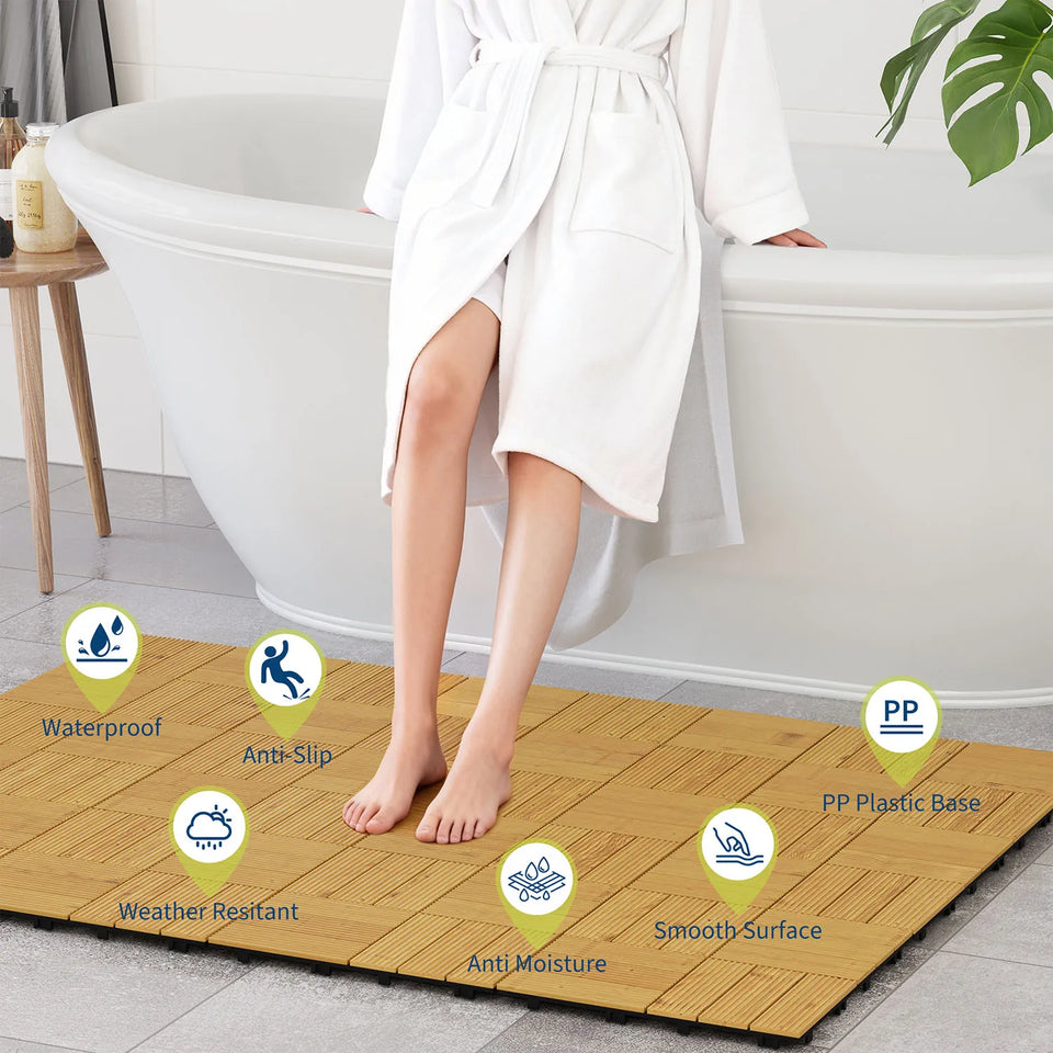 Acacia Wood Connected Deck Tiles for Patio & Outdoor Decor, 12"x12" Firm Weatherproof Non-Slip Wooden Flooring, 22/33 Panels