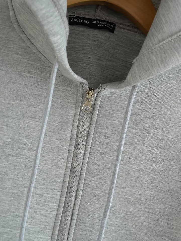 HH Autumn Women Gray Jacket With Hood Long Sleeve Big Pocket Zipper Jacket Coat Woman Loose Casual Outerwear Coat Tops