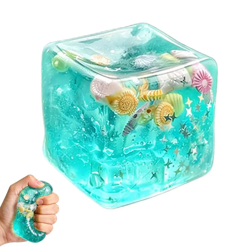 Ocean Cube Squeezable Stress Relief Toy Soft Transparent Squishy Toy with Sea Shell Fidgets for Kids Adults Anxiety Relief