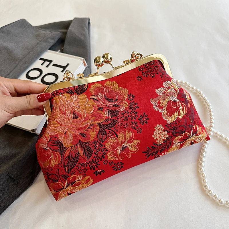 Chinese Style Embroidered Snap-button Shoulder Bags Cheongsam Traditional Exquisite Women's Handbag Red Bridal Pearl Wedding Bag