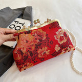 Chinese Style Embroidered Snap-button Shoulder Bags Cheongsam Traditional Exquisite Women's Handbag Red Bridal Pearl Wedding Bag