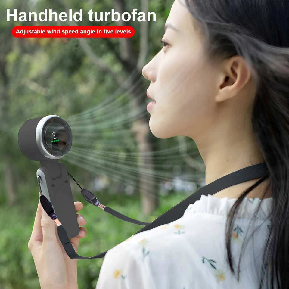 Portable Handheld Fan Adjustable Mini Fan Hair Dryer, 5-speed Bladeless Folding Handheld Fan with Digital Display Screen