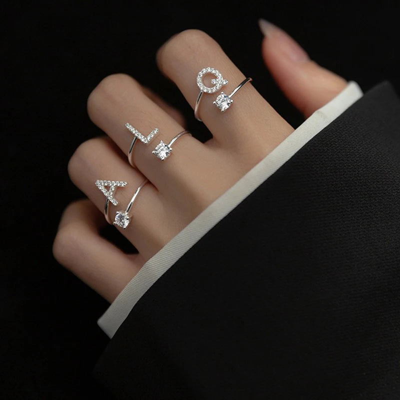 LATS Zircon Initial A-Z Letter Rings for Women Girl Adjustable Opening Ring Name Alphabet Female Wedding Fashion Jewelry Gift
