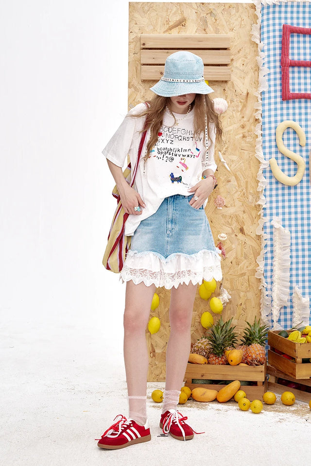 ELFSACK 2025 Summer New Arrivals Lace And Lace Patchwork A-Line Denim Skirt For Women