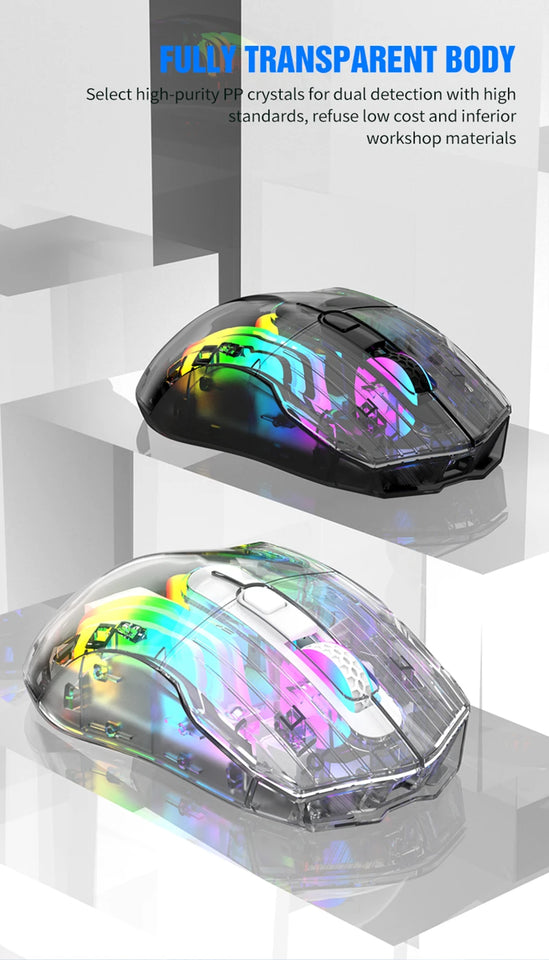 Aesthetic Clear Wireless Mouse for Women RGB Glow Tri-Mode Bluetooth Rechargeable Gaming Mouse for Laptop PC Office