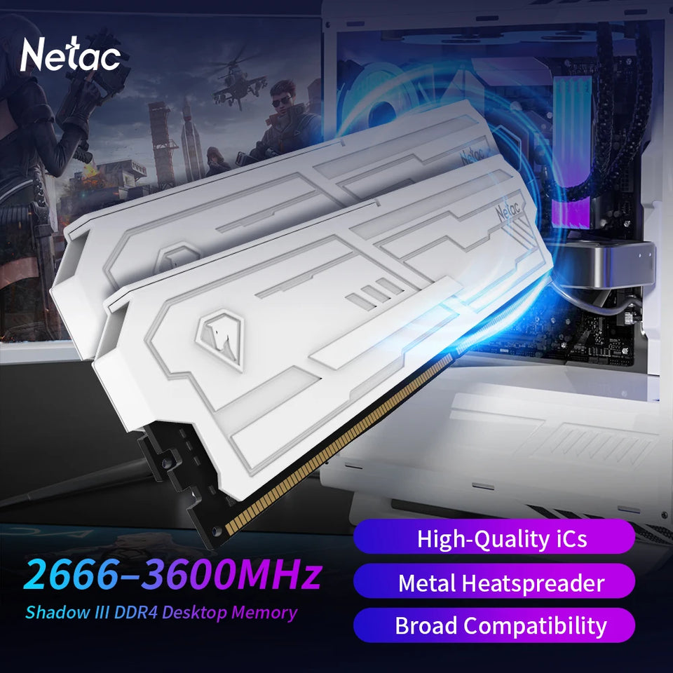 Netac DDR4 Ram Memory 8G 16G DDR4 3200MHz 3600MHz 8GX2 16GX2 Shadow Ill UDIMM DDR4 1.35V XMP2.0 with Metal HeatSink for Desktop
