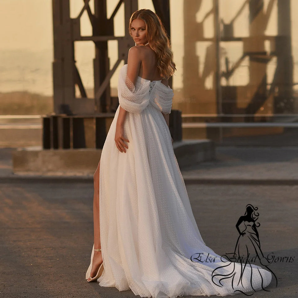 Simple Wedding Dresses 2025 New Arrivals Off-Shoulder Split Sexy Long Bride Dress Point Tulle A-Line Lace Up Elegant Party Gowns