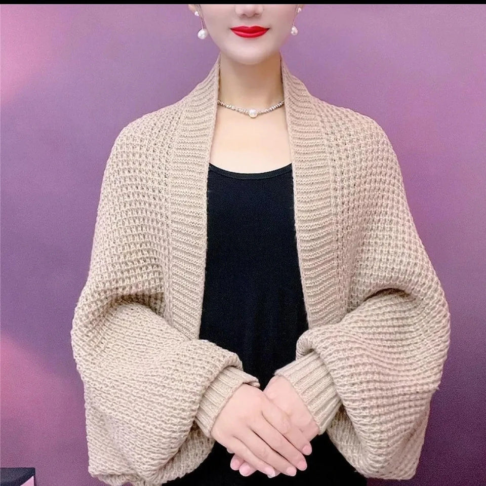 Spring Autumn Fashion Hollow Out Knitted Shawl New Long Sleeve Soft Mesh Cardigan Sweater Loose Elegant Female Knitted Cape