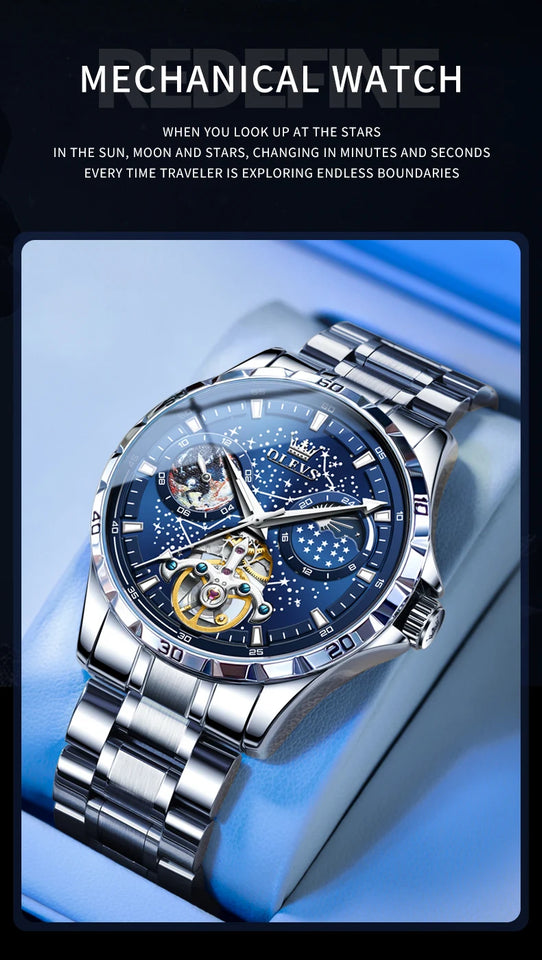 OLEVS 6689 Original Brand Men's Watches Starry Sky Disk Waterproof Luminous Automatic Mechanical Wristwatch Moon Phase Man Watch