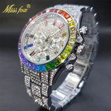 MISSFOX Men Watches 2021 Luxury Large Case With Baguette Full Diamond Quartz Wristwatch Chronograph Calendar Watch Droshipping