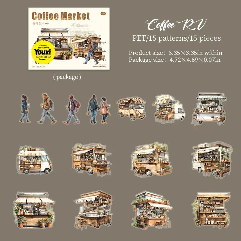Coffee Bazaar Series Sticker Pack 6 Coffee Shop Diorama Themes 15Pcs Journal Decor for Cafe Lovers