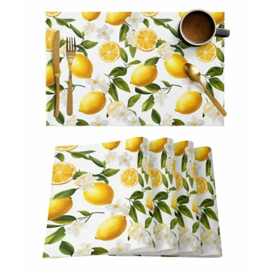 Table Placemats Set of 4 Country Watercolor Lemon Leaf Wipeable Place Mats for Dining Tables Summer White Wildflower Washable T