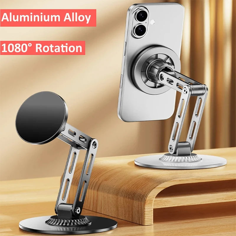Magnetic Metal Phone Stand for Desk, 360° Rotating & 3-Axis Adjustable Height Hands-Free Live Streaming & Bedside Tablet Holder
