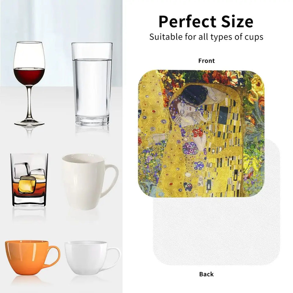 The Kiss By Gustav Klimt Coasters Kitchen Placemats Non-slip Insulation Cup Coffee Mats For Decor Home Tableware Pads Set of 4