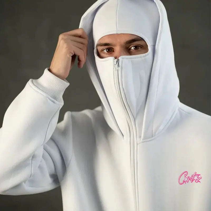 Men's Balaclava Zip Hoodie with Face Mask Winter Warm Zipper Sweatshirt Oversized Hooded Sports Jacket for Outdoor Activities