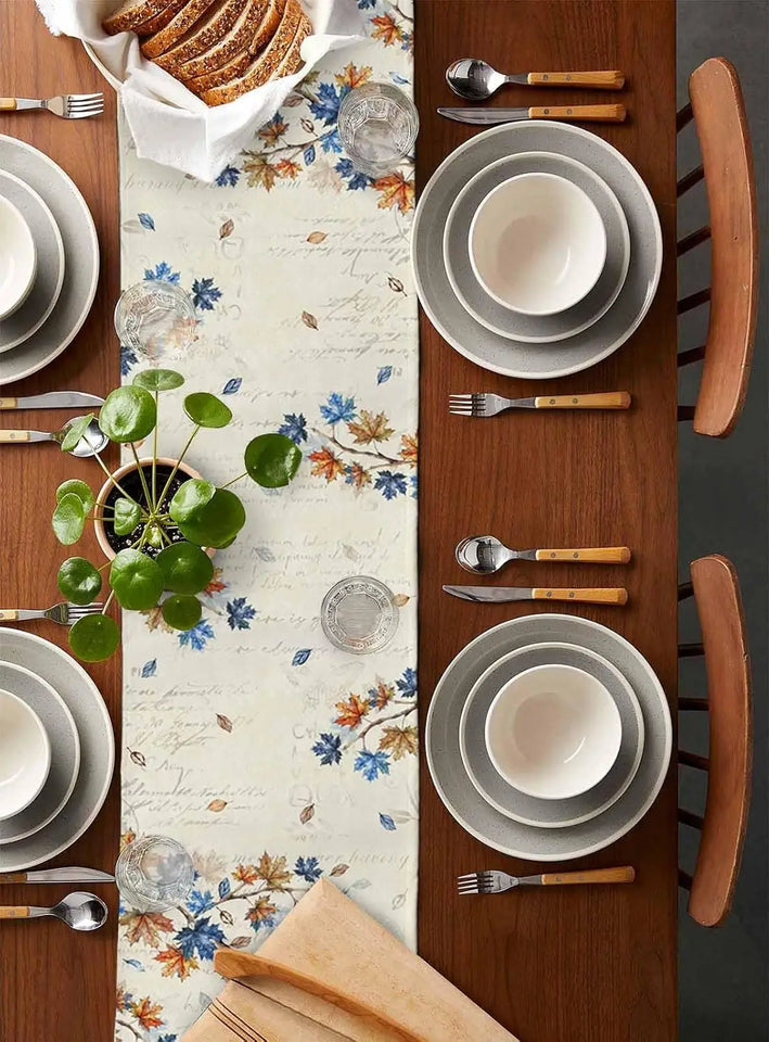Fall Blue Orange Pumpkins Linen Table Runner Thanksgiving Decoration Autumn Maple Leaf Flowers Printed Table Runners Party Decor