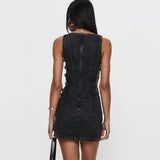 2025 Sexy American Y2K Washed Denim Lace-up Tank Dress Spring New Slim Fit Pencil Mini Skirt Streetwear Chic