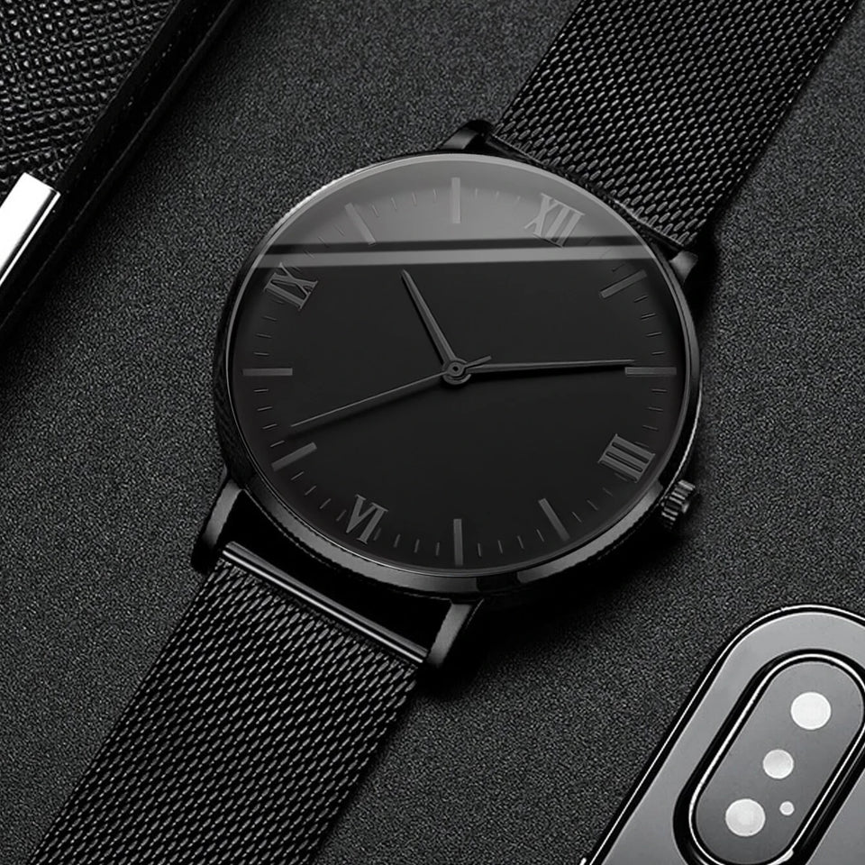 2PCS Men's Watch Fashion Roma Quartz Watches Steel Mesh Band Wristwatches Bracelet Set