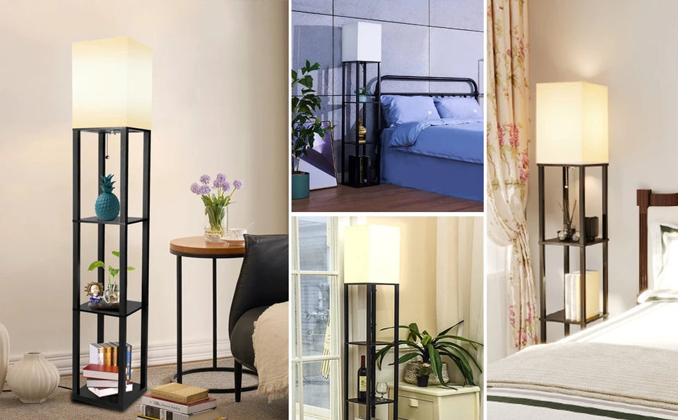 Floor Lamp with Shelves Modern Standing Shelf Lamp with 3 Color Temperature LED Bulb White Shade for Living Room Bedroom Office