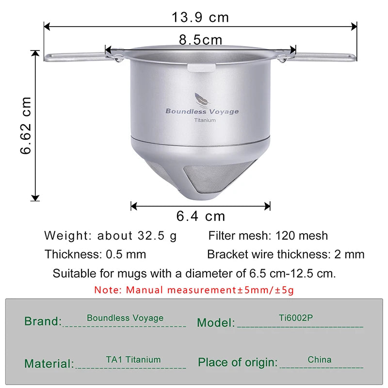 Boundless Voyage Titanium Reusable Coffee Filter Paperless Coffee Filter Metal Coffee Filter Pour Over Coffee Maker Ti6002P