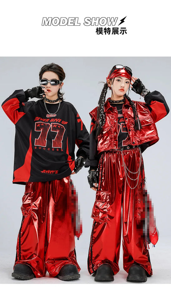 Boys Hip Hop Sweatshirt Shiny Vest Street Dance Cargo Pants Girls K-pop Clothes Set Kid Hip Hop Jazz Costume Children Streetwear