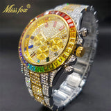 MISSFOX Men Watches 2021 Luxury Large Case With Baguette Full Diamond Quartz Wristwatch Chronograph Calendar Watch Droshipping