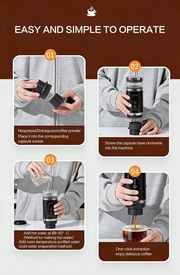 Outdoor camping portable capsule coffee machine, 3-in-1 multi-functional espresso machine with built-in wireless milk frother.