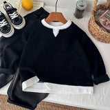 Boys' Casual Loose Cotton Long Sleeve Sweatshirt Grid Pullover Shirt 6-14 Years Spring Autumn Fashion Fake 2 Piece Top for Kids