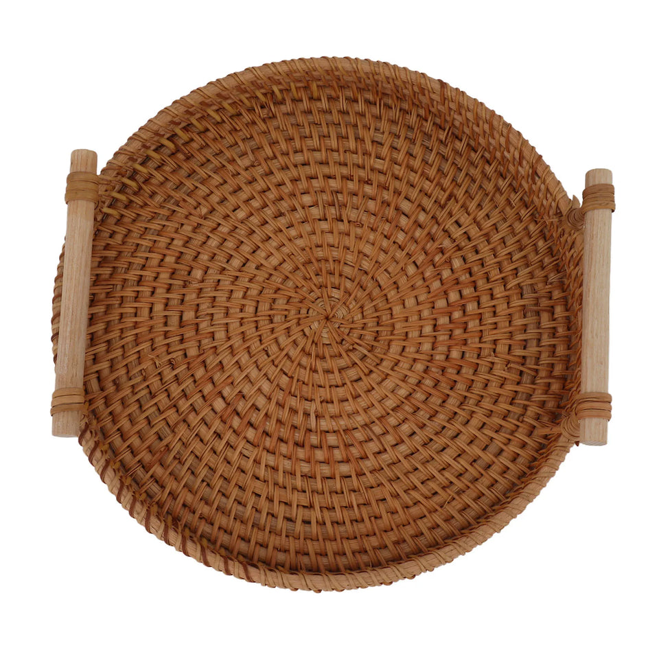 Coffee Table Decorative Tray Traditional Design Round Serving Tray with Solid Wood Handle Hand Woven Large Capacity for Home