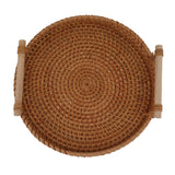 Coffee Table Decorative Tray Traditional Design Round Serving Tray with Solid Wood Handle Hand Woven Large Capacity for Home